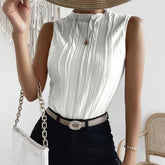 Ladies' Fashionable Versatile Solid Color Pleated Fabric Pleated Collar Detail Off Shoulder Slim Fit Vest Top