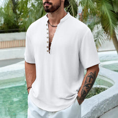 Summer Deep V-neck Multi-button Cotton And Linen Casual Shirt Men's Short Sleeve