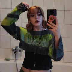 Stripe Color Blocking Hollow Perspective Wool Short Blouse Loose