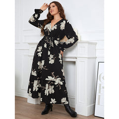 Temperament Elegant Printed V-neck Petal Sleeve Women's Large Size Dress
