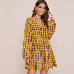Women's Classic Vintage Plaid Bubble Sleeve Dress