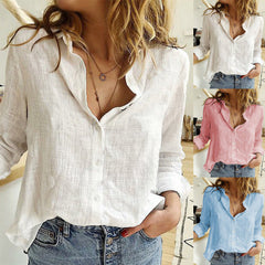 Spring And Autumn Solid Color Casual Loose Long Sleeve Linen Shirt For Women