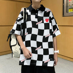 American Retro Square Plaid Color Matching POLO Collar Short Sleeve T-shirt