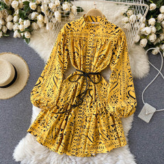 Short Dress With Stand Collar And Buttoned Lantern Sleeves