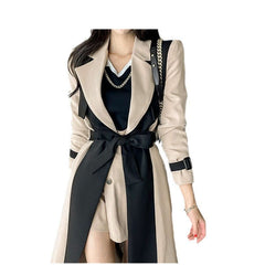 Fashionable Autumn Women's Long Trench Coat featuring a khaki color and stylish belt detail.