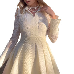 White Front Chest Flower Beads Lace Yarn French Style Retro Long Sleeve Fashion Slim Dress