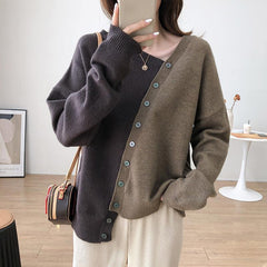 Diagonal Button Design Sense Contrast Color Long Sleeves Knitwear For Women