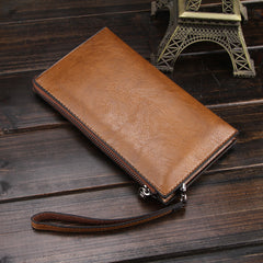 Leather phone wallet bag for men – reddish brown coin purse close-up