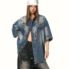Washed-out Vintage Stitching Embroidered Floral Denim Shirt