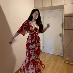 Plus Size Red For Women Printed V-neck Dress