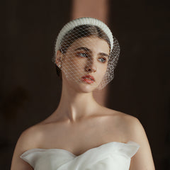 French Hepburn Style Bridal Veil White Vintage Beaded Large Meshed Net Mesh Headband
