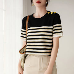 Knitted Short-sleeved Loose Striped T-shirt