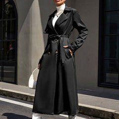 Mid-length High-grade Large Lapel Temperament Commute Lace-up Waist-controlled Black Coat on model in urban setting.
