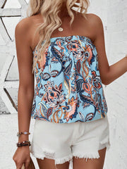 Floral Printed Summer Pleated Strapless Top
