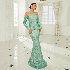 Long Sleeve Off-the-shoulder Banquet Sequined Sheath Fishtail Dress