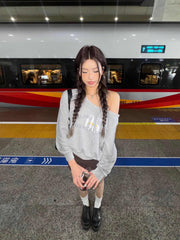 Retro Shoulder Drawstring Letter Printed Crew Neck Sweatshirt Women's Top