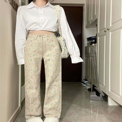 Apricot Floral Jeans Women Loose Wide-leg Straight Trousers