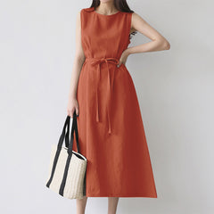 Women's Sleeveless Round Neck Solid Color Cotton And Linen Dress