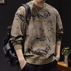 Round Neck Print Sweatshirt Long Sleeve Men's