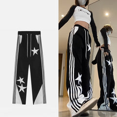 Vintage Star Embroidered Wide Leg Pants For Women Striped