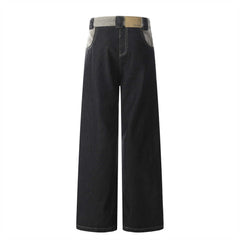 High Street Design Washed Straight Wide Leg Plush Stitching Multi-pocket Jeans