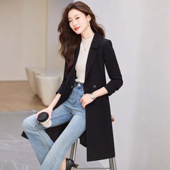 Black Suit Trench Coat Coat For Women Autumn styled with casual outfit and coffee, showcasing elegance and versatility.