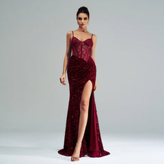 Spaghetti Straps Sleeveless Sequined High Slit Evening Dress