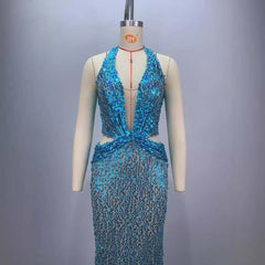 New Halter Deep V-neck Slim Slimming Party Stage Host Hostess Evening Dress