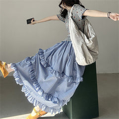 Plaid Elastic Waist Ruffled Tiered Skirt Long Dress For Women