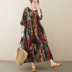 Women's New Style Large Size Loose Cotton And Linen Print Dress