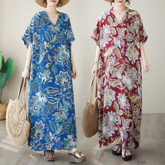 Retro Loose-fitting Plus Size V-neck Bohemian Dress Women