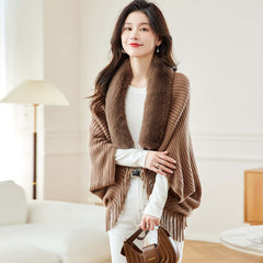 Women's Loose Tassel Fashion Shawl Jacket With Fur Collar in wine red color, styled with batwing sleeves and tassels.