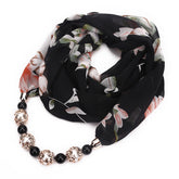 Print Alloy Pendant Scarf Beaded Pendant ScarfPrinted Chiffon Necklace