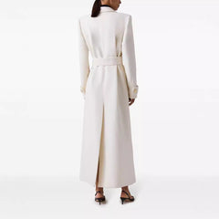 Elegant Double Breasted Lace Up Slim Fit Extended Women's White Back Slit Overcoat Coat