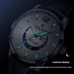 Master Moon Phase Luminous Waterproof Wrist Watch Men's Fashion Genuine Leather Strap Quartz Watch