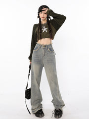 American High Waist Straight Wash Made Old Jeans Women