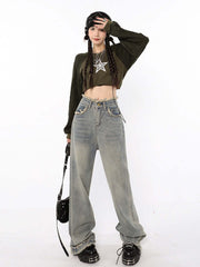 American High Waist Straight Wash Made Old Jeans Women