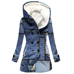 Women's Windbreaker Winter Thickened Imitation Lamb Stitching Floral Hooded denim jacket with hood and buttons