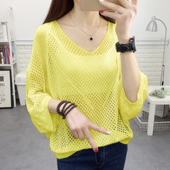 Hollow-out Short-sleeved Loose Knitted Shirt V-neck
