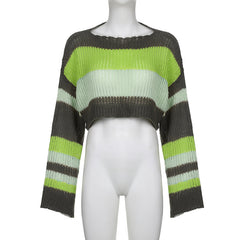 Stripe Color Blocking Hollow Perspective Wool Short Blouse Loose