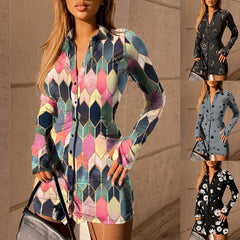 New Women's Printed Long Sleeve Lapel Slim Cardigan Shirt