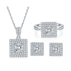 Moissanite Princess Square Rings Ear Studs Necklace Three-piece Set