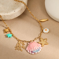 Fan Shell Starfish Ocean Vacation Style Necklace Stainless Steel Plated 18K