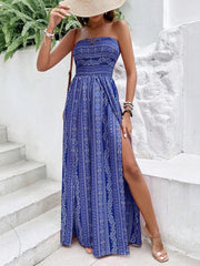 Paisley Print Halter Neck Slit Wide Leg Jumpsuit