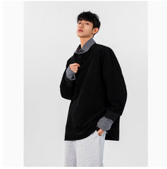 False Two-piece Shirt Collar Patchwork Sweater Male