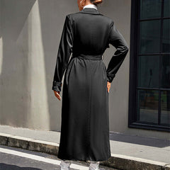 Mid-length High-grade Large Lapel Temperament Commute Lace-up Waist-controlled Black Coat shown from the back.