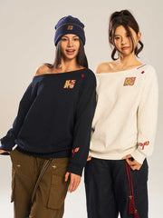 Women's Paste Cloth Embroidery Slant Shoulder Loose Long Sleeve Top