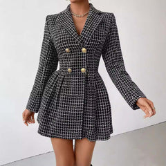 Fashion Plaid Temperament Commute V-neck Long Sleeve Skirt Coat in black and white with gold buttons.