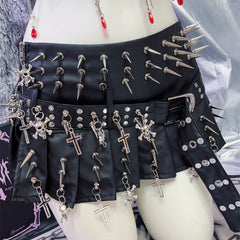 Rivet Skull Cross Punk Niche Street PU Leather Metal Pleated Skirt