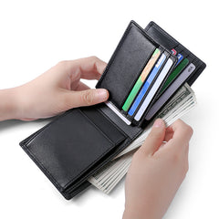RFID leather wallet for men – orange color-blocking stitched seam detail